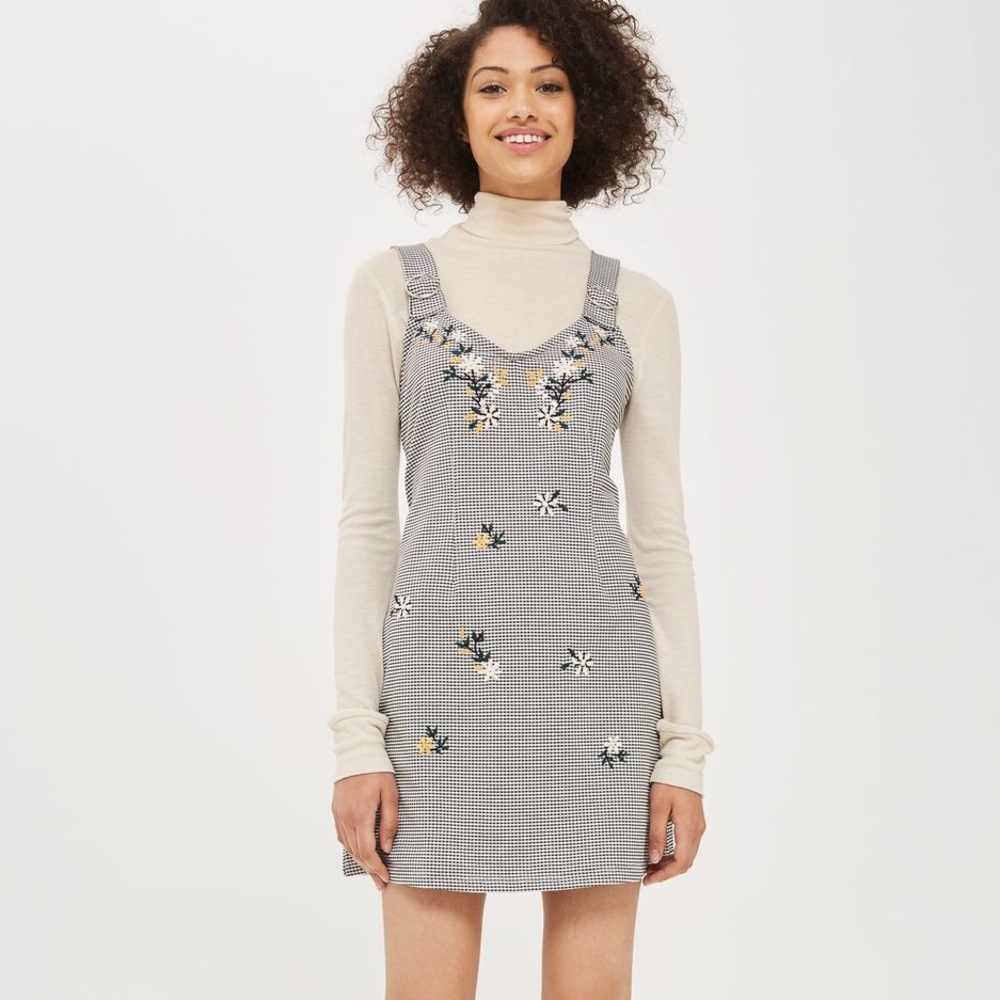 Topshop gingham floral embroidered pinafore dress